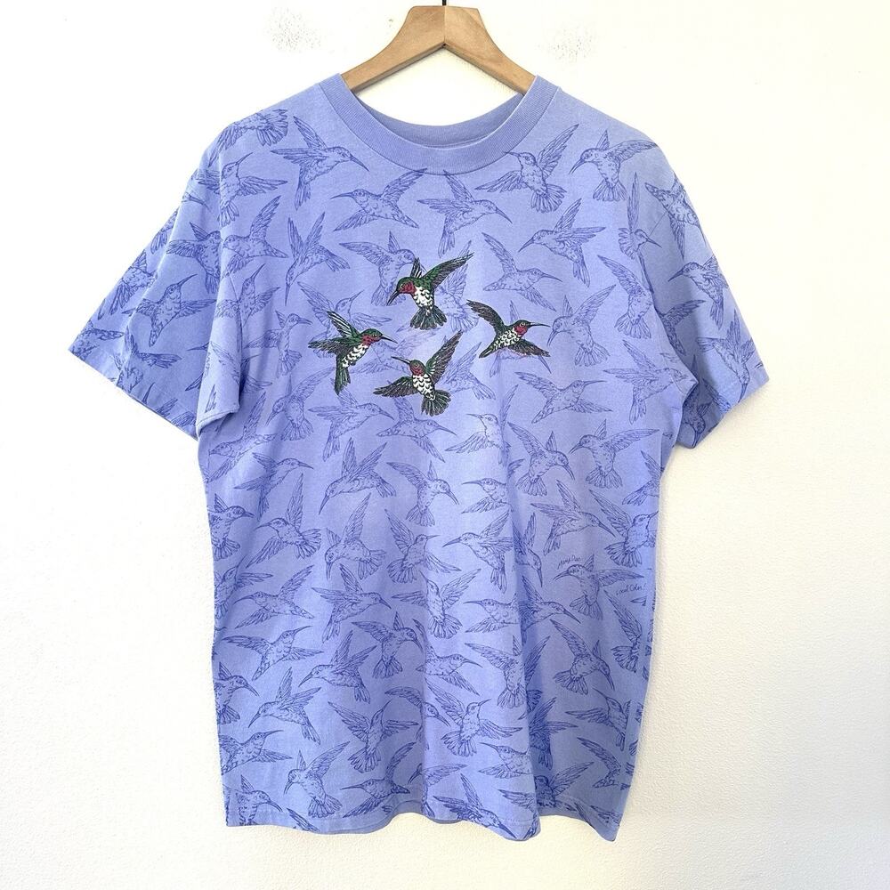 Vintage 90s Local Color Art Mary Dee Hummingbird T-Shirt L Single Stitch Park